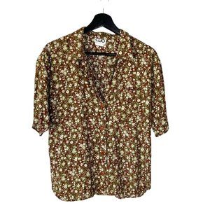 Vintage 90s Brown Floral Short Sleeve Button Up Top Medium